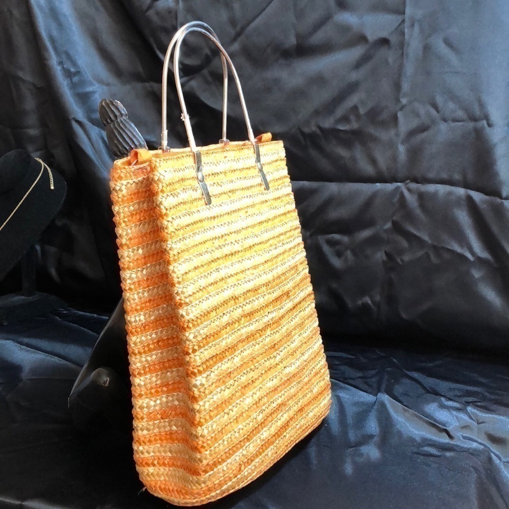 Woven Orange Straw Tote Bag with Silver Handles